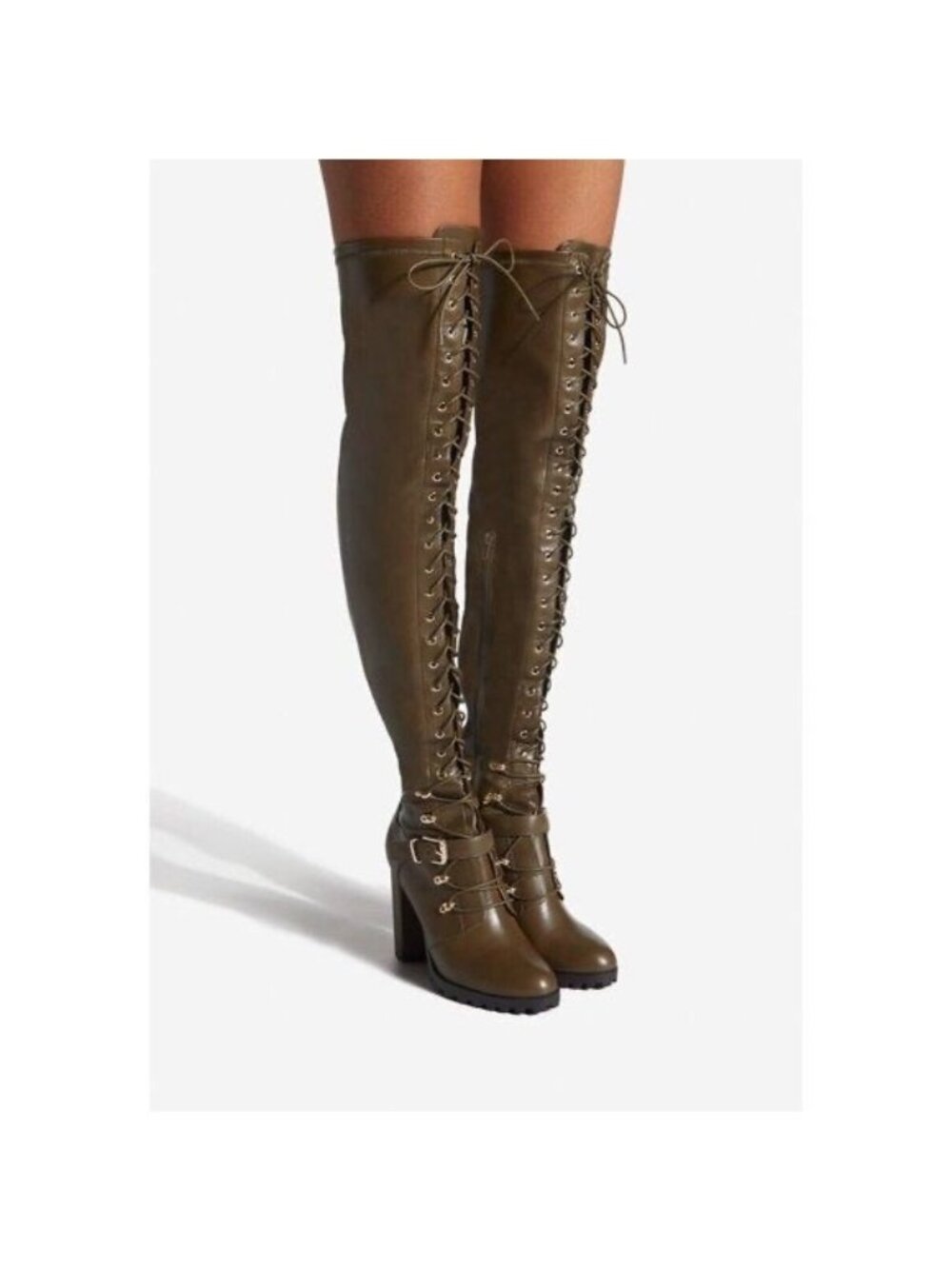NIB Dark Olive Faux Leather Over The Knee Tall Boots 9 | Indie Sleaze Y2K Baddie